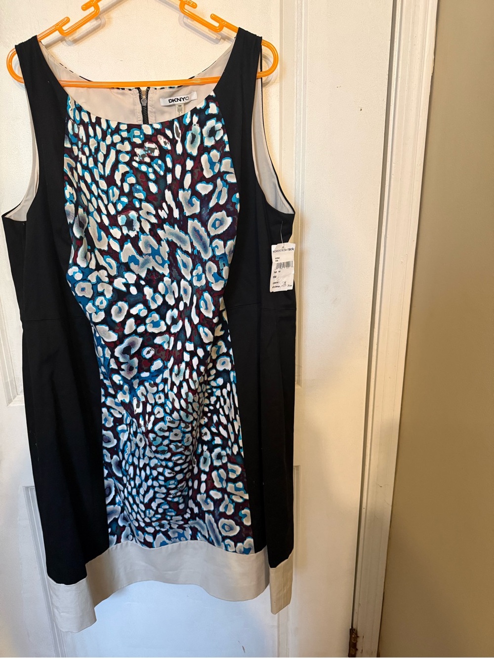 DKNY Black Dress with Blue and White Animal-Print Front Panel